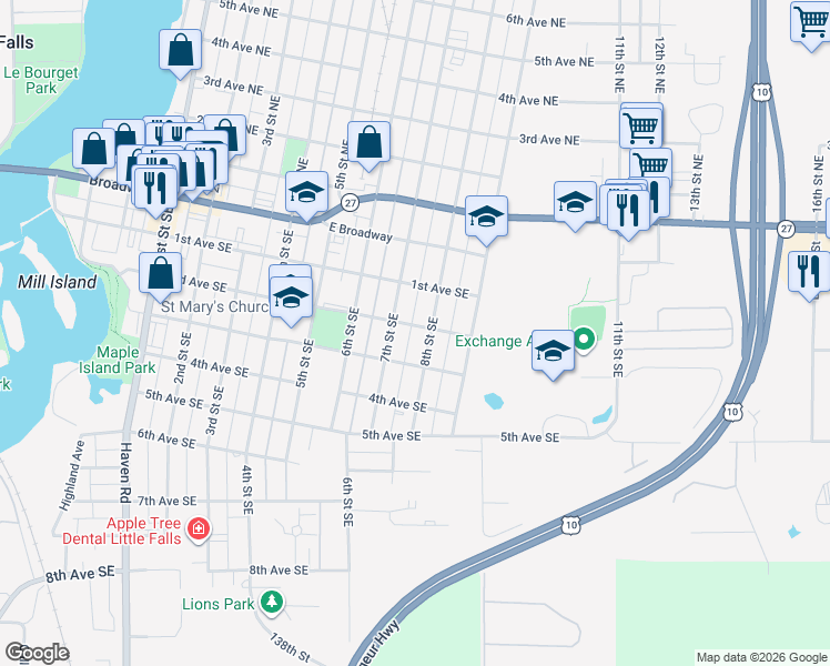 map of restaurants, bars, coffee shops, grocery stores, and more near 314 8th Street Northeast in Little Falls