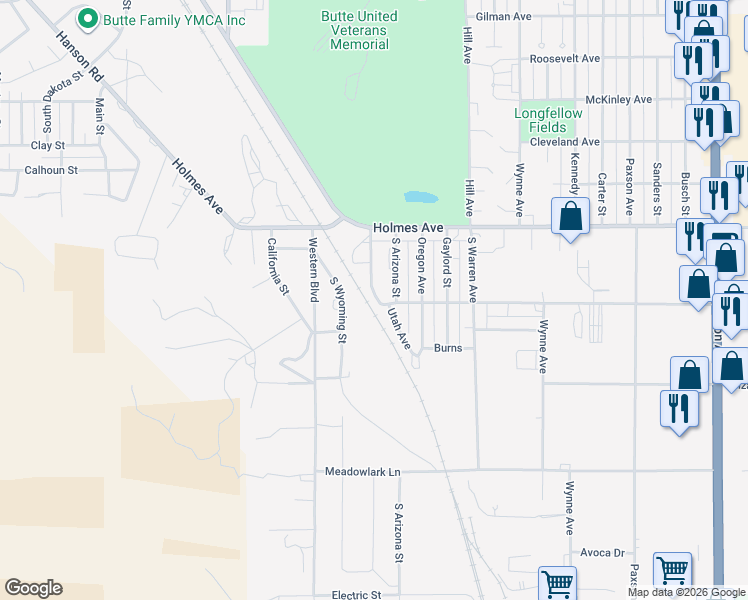 map of restaurants, bars, coffee shops, grocery stores, and more near 912 Longfellow Street in Butte