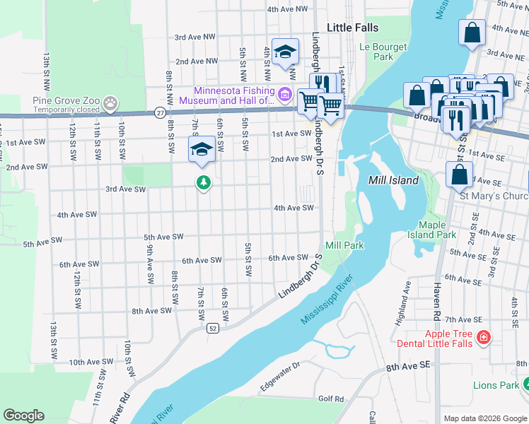 map of restaurants, bars, coffee shops, grocery stores, and more near 407 5th Street Southwest in Little Falls