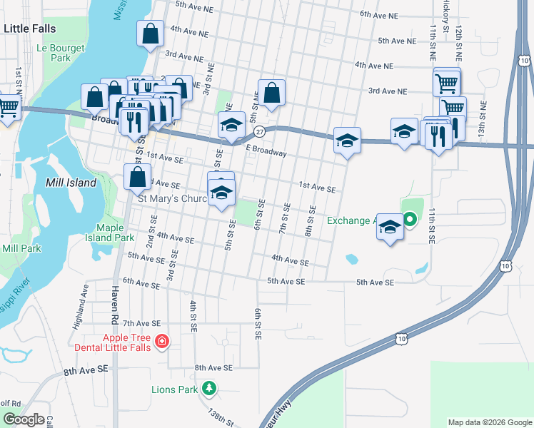 map of restaurants, bars, coffee shops, grocery stores, and more near 211 6th Street Southeast in Little Falls