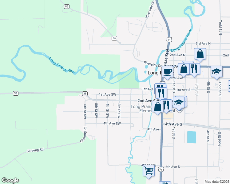 map of restaurants, bars, coffee shops, grocery stores, and more near 308 1st Avenue Southwest in Long Prairie