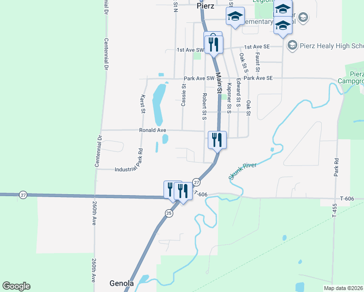 map of restaurants, bars, coffee shops, grocery stores, and more near 525 Robert Street South in Pierz