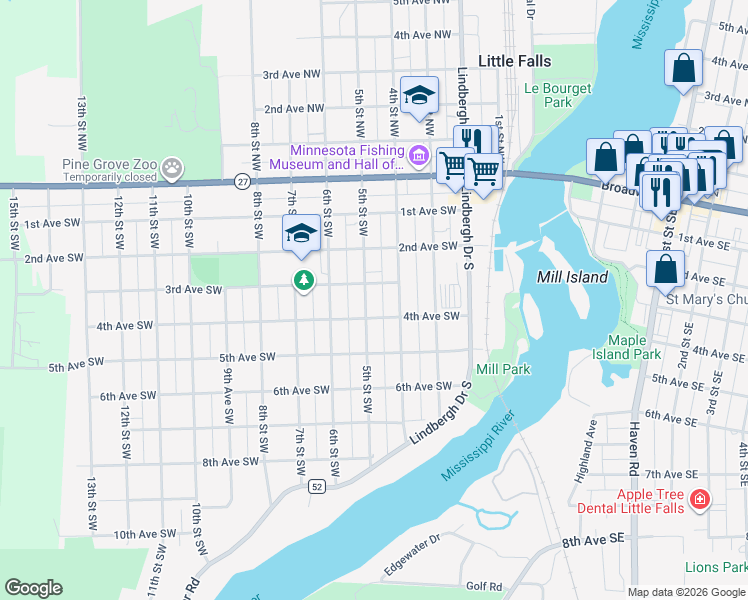 map of restaurants, bars, coffee shops, grocery stores, and more near 407 5th Street Southwest in Little Falls