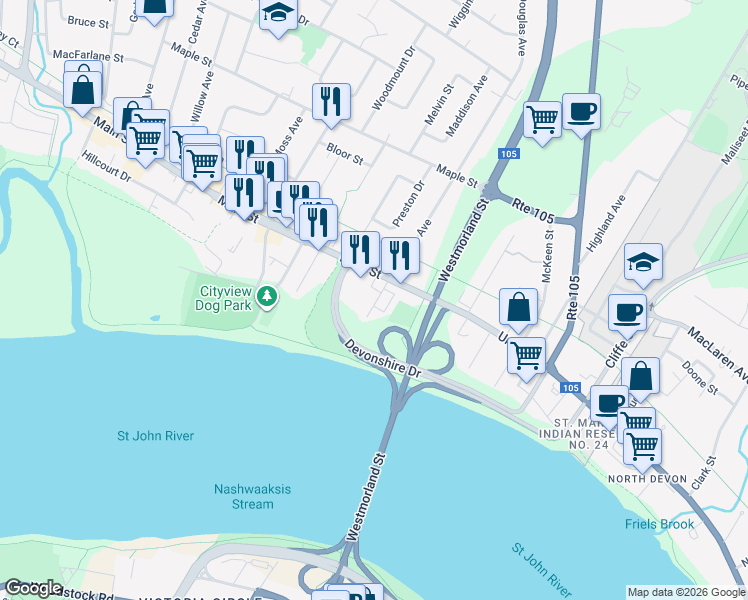 map of restaurants, bars, coffee shops, grocery stores, and more near in Fredericton