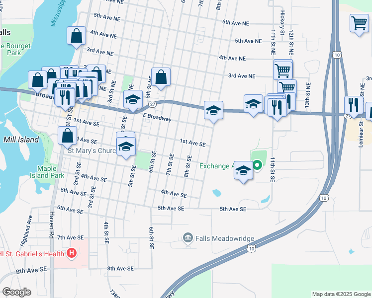 map of restaurants, bars, coffee shops, grocery stores, and more near 204 8th Street Southeast in Little Falls
