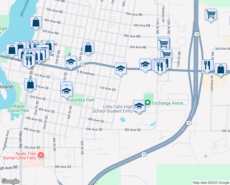 map of restaurants, bars, coffee shops, grocery stores, and more near 810 1st Avenue Southeast in Little Falls