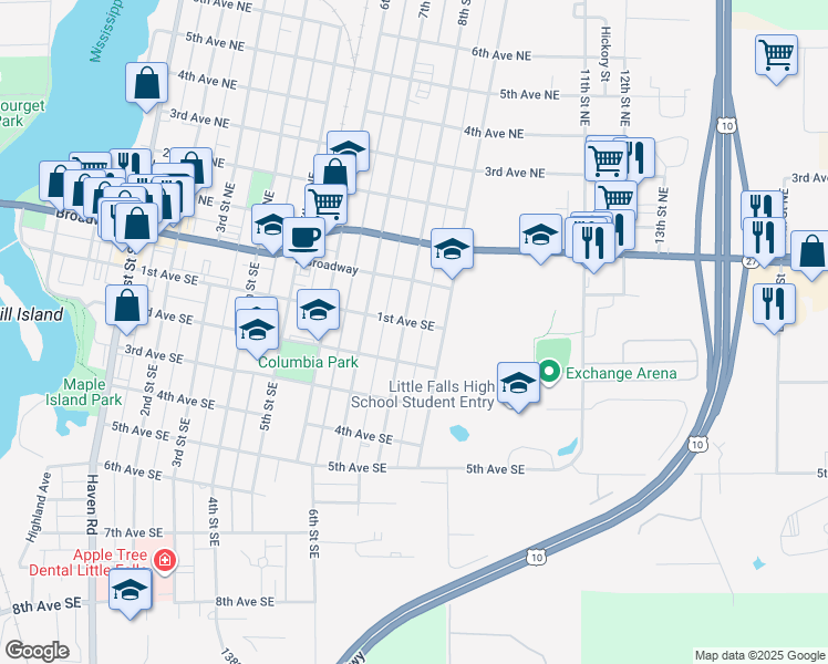 map of restaurants, bars, coffee shops, grocery stores, and more near 810 1st Avenue Southeast in Little Falls