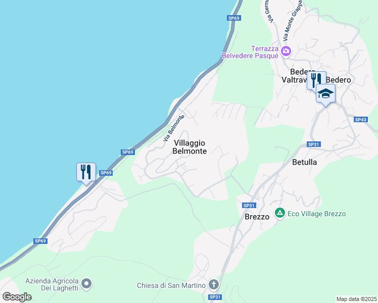 map of restaurants, bars, coffee shops, grocery stores, and more near 30 Via delle Palme in Villaggio Belmonte