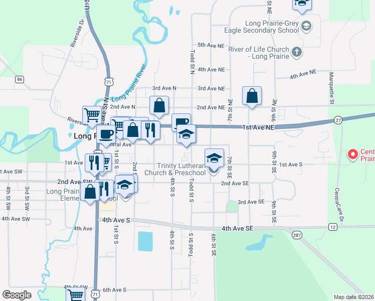 map of restaurants, bars, coffee shops, grocery stores, and more near 14 Todd Street North in Long Prairie