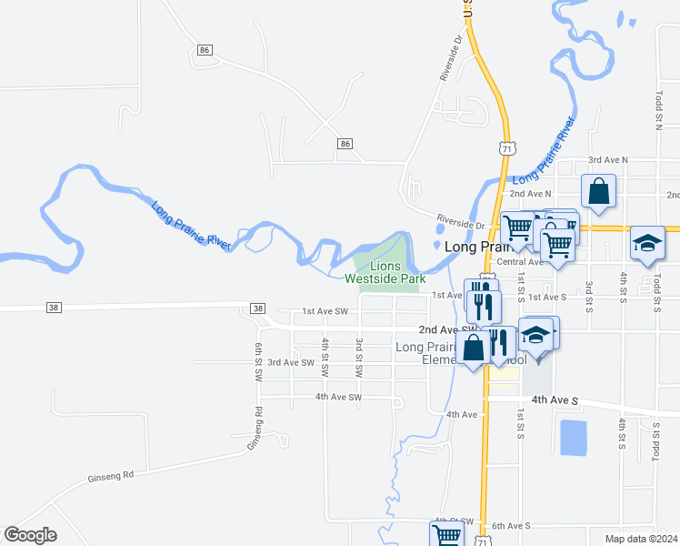 map of restaurants, bars, coffee shops, grocery stores, and more near 308 1st Avenue Southwest in Long Prairie