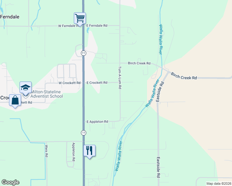 map of restaurants, bars, coffee shops, grocery stores, and more near 84708 Tum-A-Lum Road in Milton-Freewater