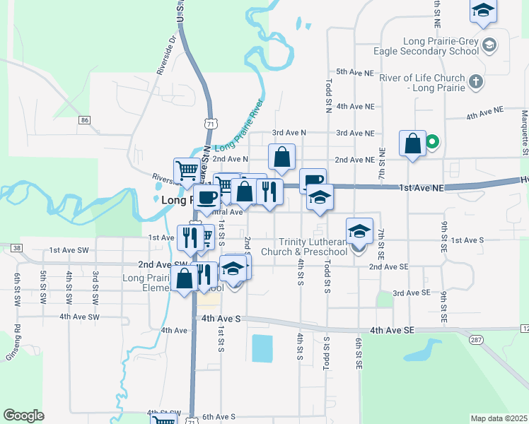 map of restaurants, bars, coffee shops, grocery stores, and more near 262 Central Avenue in Long Prairie