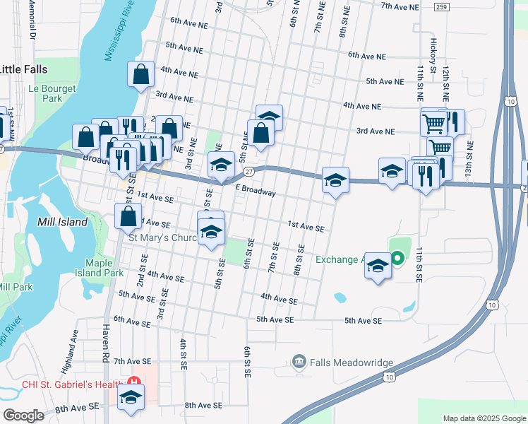map of restaurants, bars, coffee shops, grocery stores, and more near 101 6th Street Southeast in Little Falls