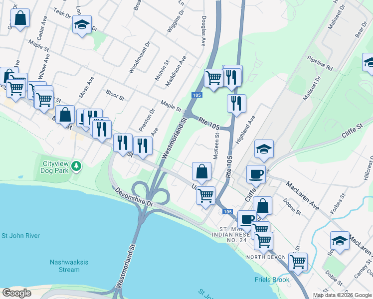 map of restaurants, bars, coffee shops, grocery stores, and more near 151 Friel Street in Fredericton