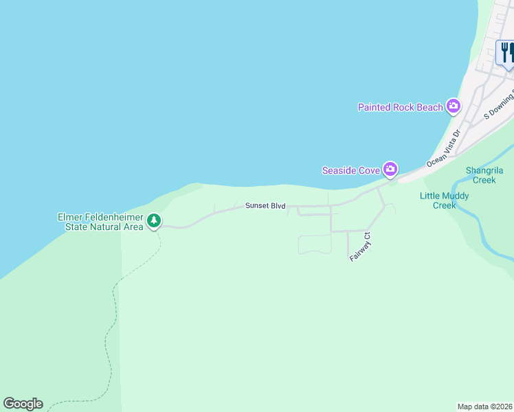 map of restaurants, bars, coffee shops, grocery stores, and more near Sunset Boulevard in Seaside