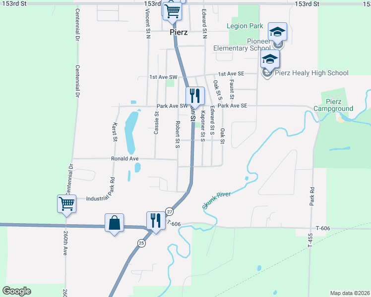 map of restaurants, bars, coffee shops, grocery stores, and more near 301 Main Street South in Pierz
