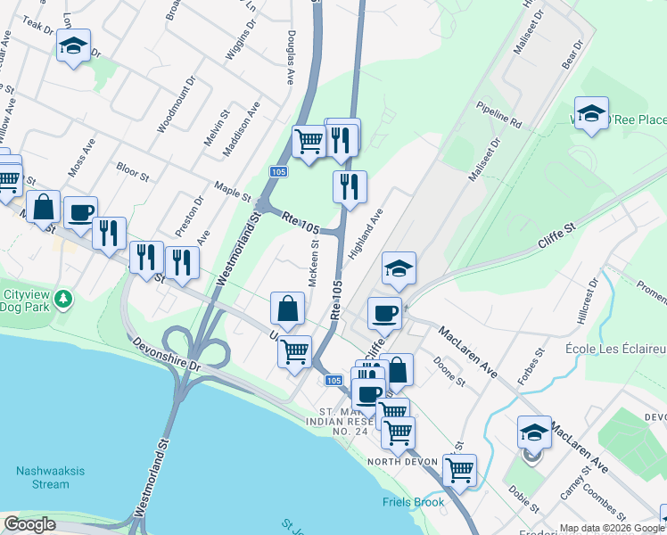 map of restaurants, bars, coffee shops, grocery stores, and more near 203 Saint Marys Street in Fredericton