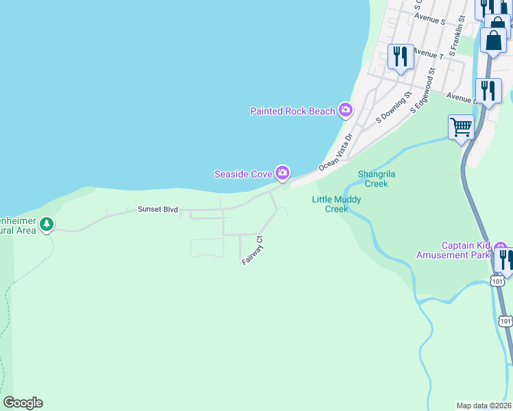 map of restaurants, bars, coffee shops, grocery stores, and more near 2951-2957 Sunset Blvd in Seaside