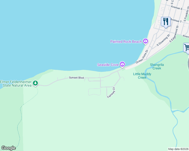 map of restaurants, bars, coffee shops, grocery stores, and more near 3232 Sunset Boulevard in Seaside