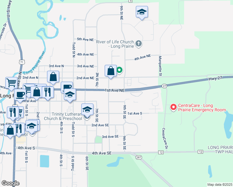 map of restaurants, bars, coffee shops, grocery stores, and more near 817 1st Avenue Northeast in Long Prairie
