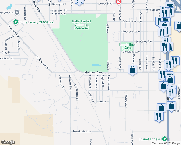 map of restaurants, bars, coffee shops, grocery stores, and more near 910 Holmes Ave in Butte