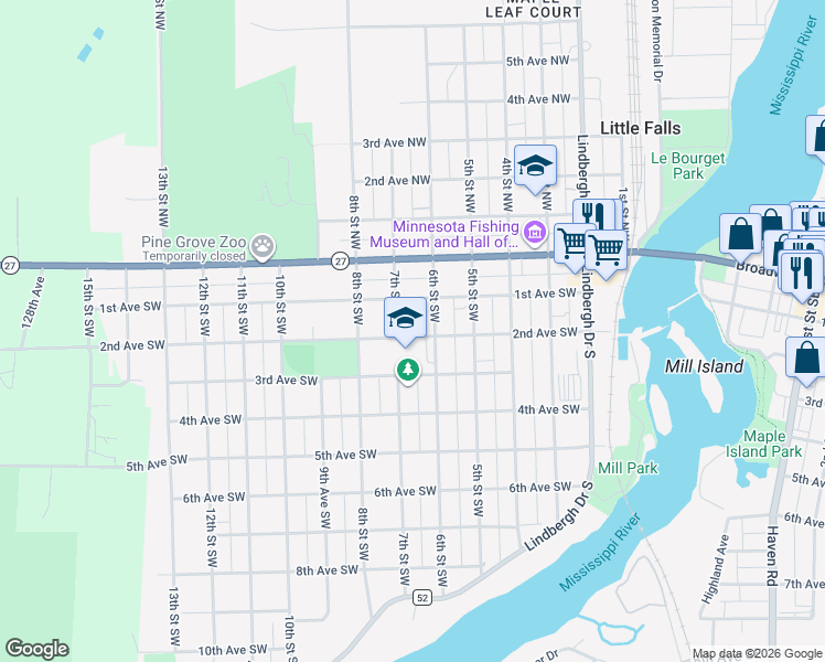 map of restaurants, bars, coffee shops, grocery stores, and more near 215 7th Street Southwest in Little Falls
