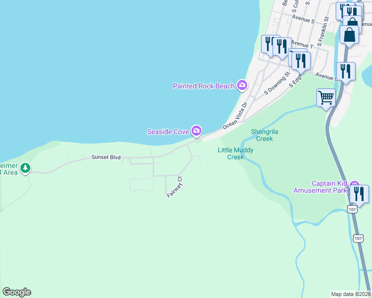 map of restaurants, bars, coffee shops, grocery stores, and more near 2951-2957 Sunset Blvd in Seaside