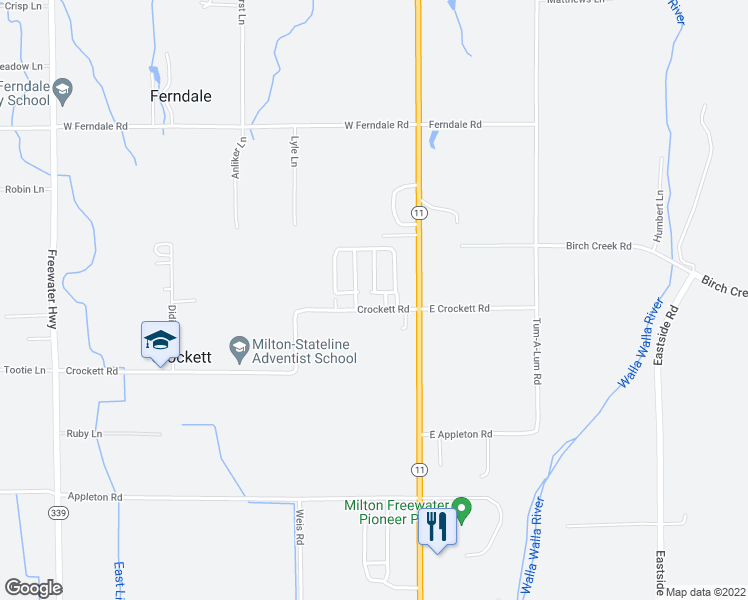 map of restaurants, bars, coffee shops, grocery stores, and more near 53785 West Crockett Road in Milton-Freewater