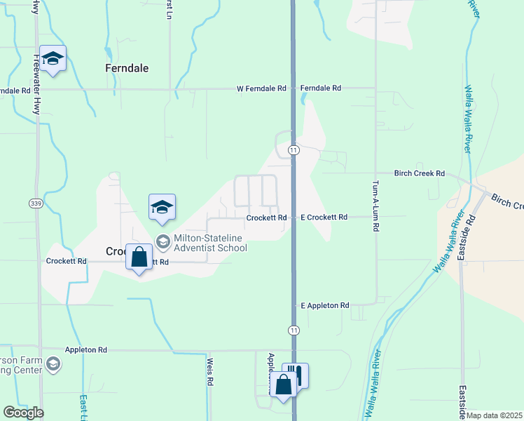 map of restaurants, bars, coffee shops, grocery stores, and more near 53785 West Crockett Road in Milton-Freewater