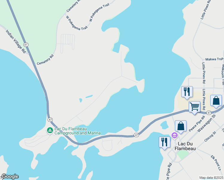 map of restaurants, bars, coffee shops, grocery stores, and more near 14091 Longs Point Lane in Lac du Flambeau