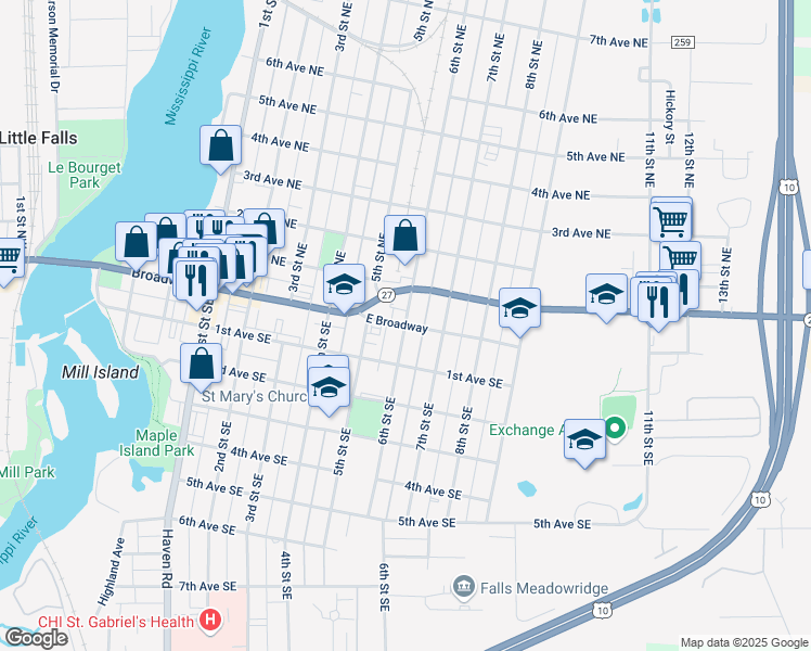 map of restaurants, bars, coffee shops, grocery stores, and more near 101 6th Street Southeast in Little Falls