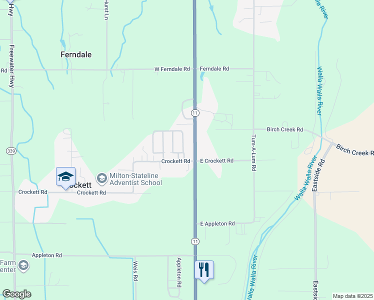 map of restaurants, bars, coffee shops, grocery stores, and more near 53785 West Crockett Road in Milton-Freewater