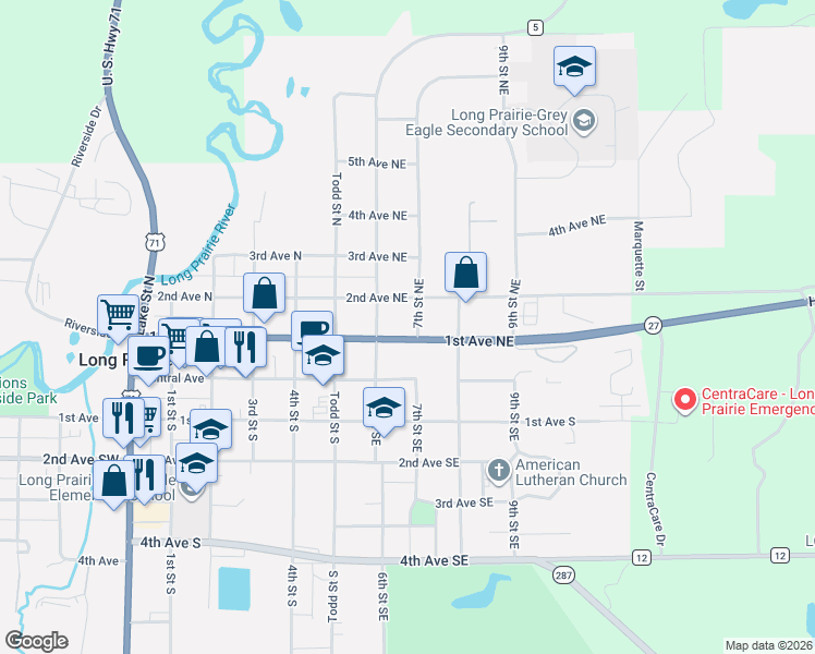 map of restaurants, bars, coffee shops, grocery stores, and more near 615 1st Avenue South in Long Prairie