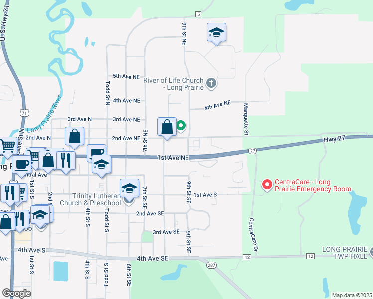 map of restaurants, bars, coffee shops, grocery stores, and more near 817 1st Avenue Northeast in Long Prairie
