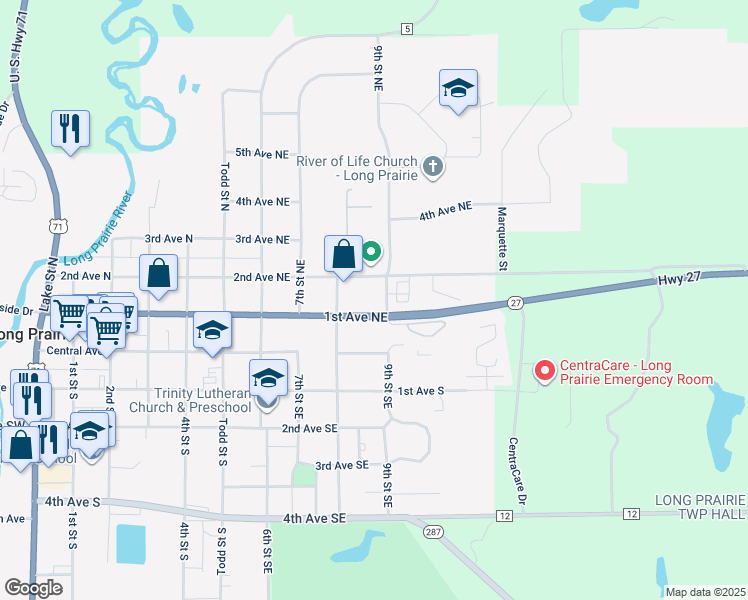 map of restaurants, bars, coffee shops, grocery stores, and more near 817 1st Avenue Northeast in Long Prairie