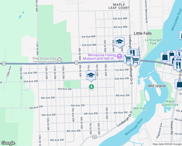 map of restaurants, bars, coffee shops, grocery stores, and more near 215 7th Street Southwest in Little Falls