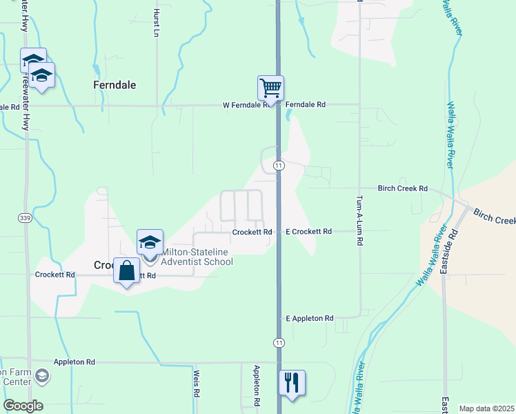 map of restaurants, bars, coffee shops, grocery stores, and more near 53785 West Crockett Road in Milton-Freewater
