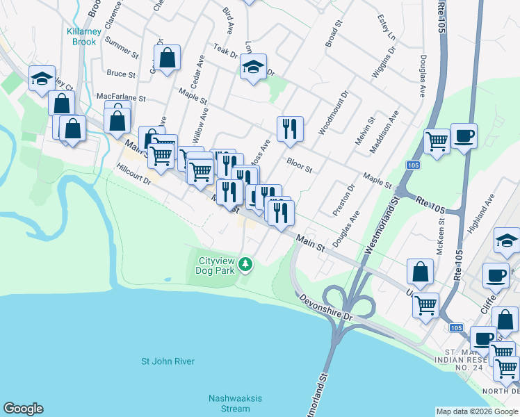 map of restaurants, bars, coffee shops, grocery stores, and more near in Fredericton