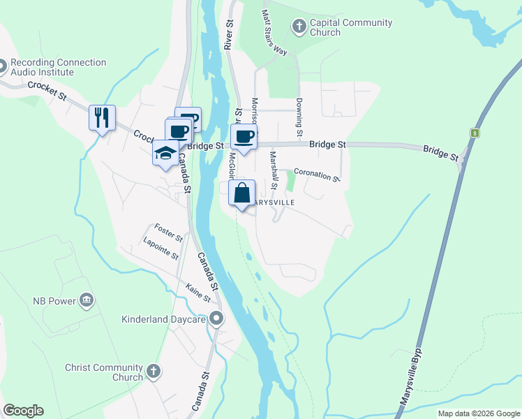 map of restaurants, bars, coffee shops, grocery stores, and more near 7 Fisher Avenue in Fredericton