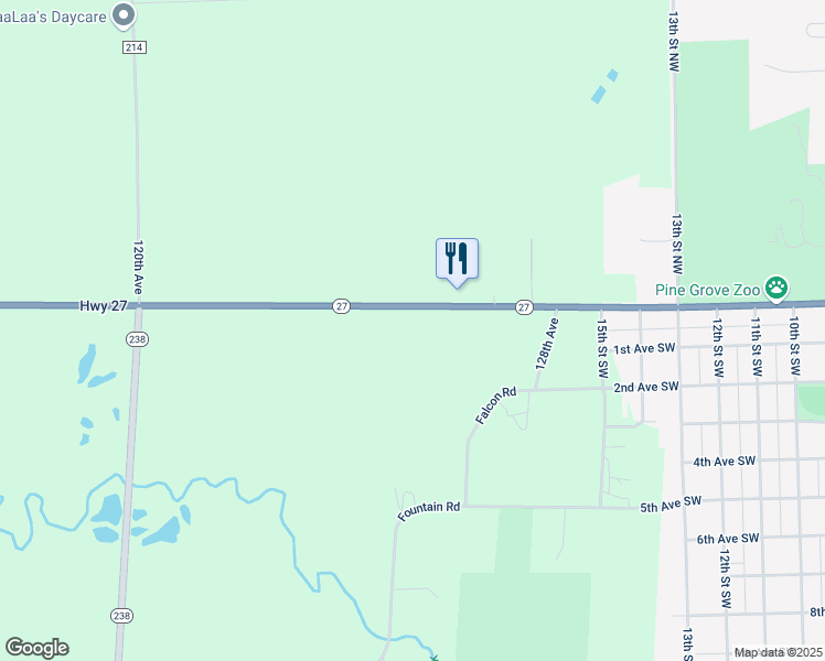 map of restaurants, bars, coffee shops, grocery stores, and more near 12515 Minnesota 27 in Little Falls
