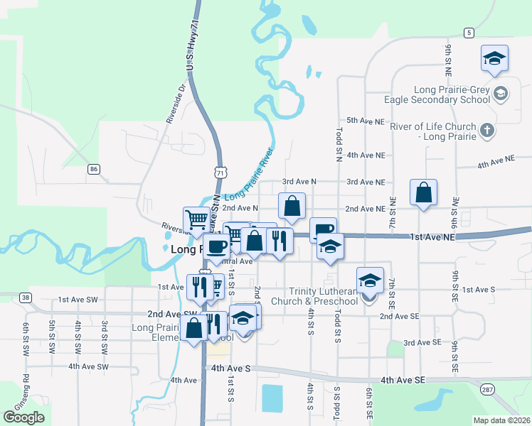 map of restaurants, bars, coffee shops, grocery stores, and more near 214 2nd Avenue North in Long Prairie