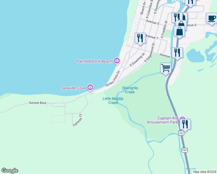 map of restaurants, bars, coffee shops, grocery stores, and more near 2515 Sunset Boulevard in Seaside
