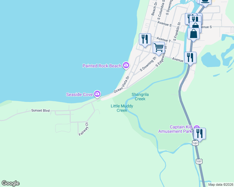 map of restaurants, bars, coffee shops, grocery stores, and more near 2515 Sunset Boulevard in Seaside