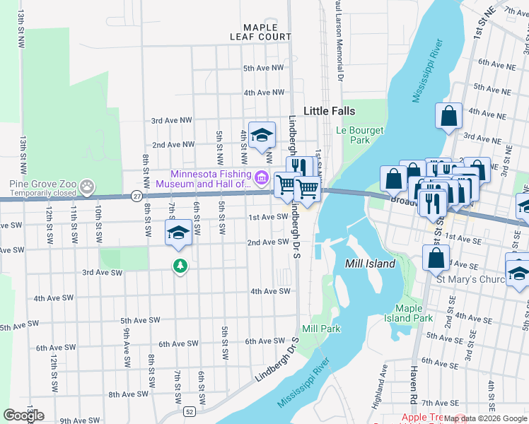 map of restaurants, bars, coffee shops, grocery stores, and more near 312 1st Avenue Northwest in Little Falls