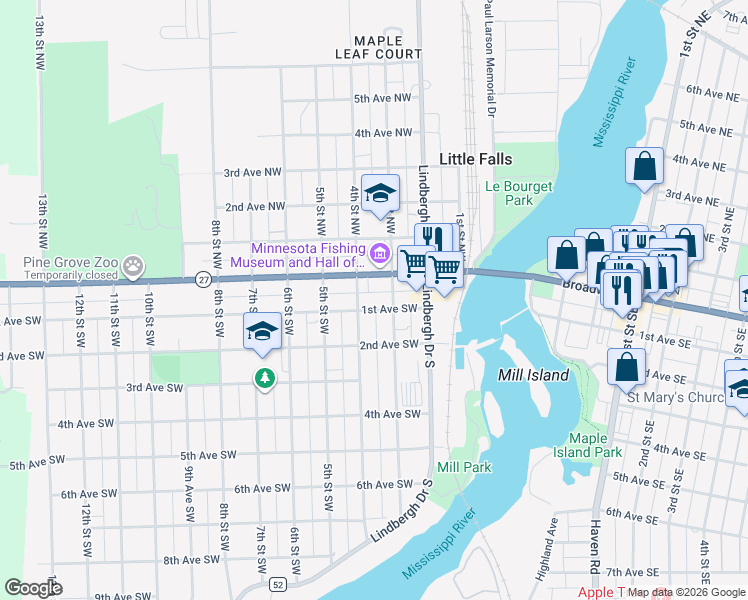 map of restaurants, bars, coffee shops, grocery stores, and more near 312 1st Avenue Northwest in Little Falls