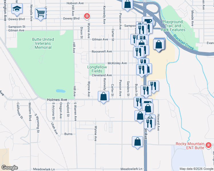map of restaurants, bars, coffee shops, grocery stores, and more near 3339 Carter Street in Butte