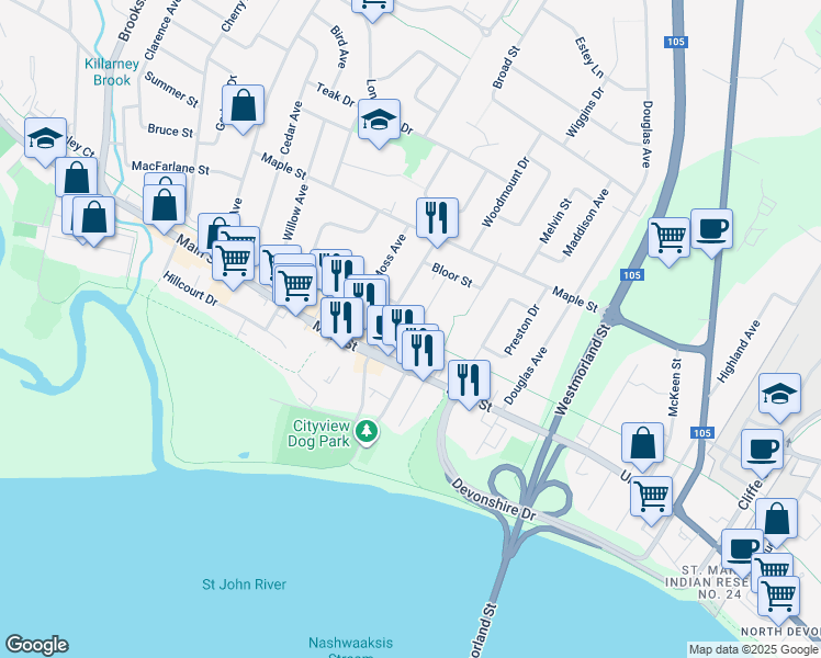 map of restaurants, bars, coffee shops, grocery stores, and more near 91 Capital Manor in Fredericton