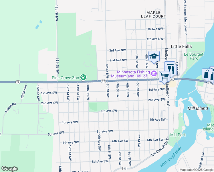 map of restaurants, bars, coffee shops, grocery stores, and more near 809 West Broadway Avenue in Little Falls