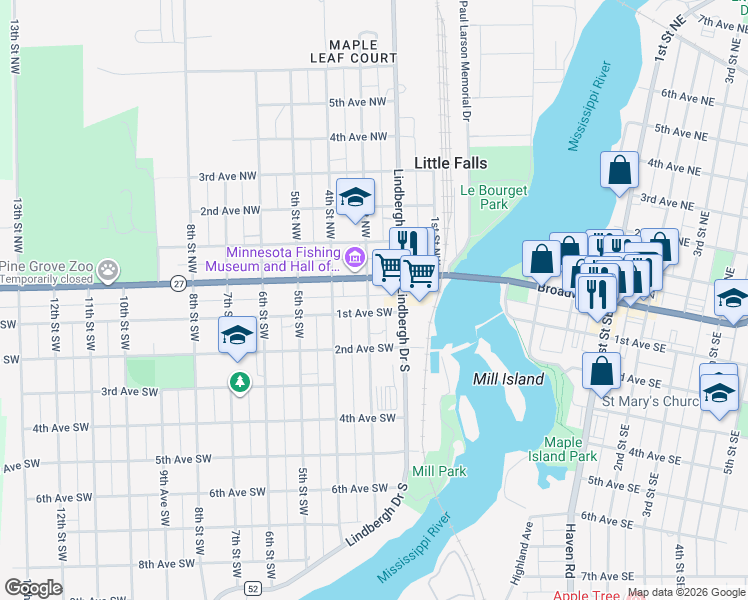 map of restaurants, bars, coffee shops, grocery stores, and more near 111 3rd Street Southwest in Little Falls