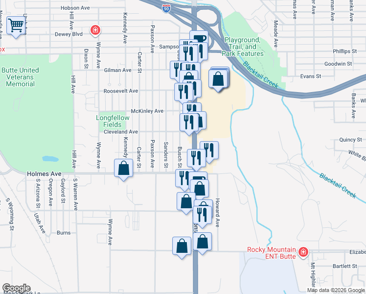 map of restaurants, bars, coffee shops, grocery stores, and more near 3322 Busch Street in Butte